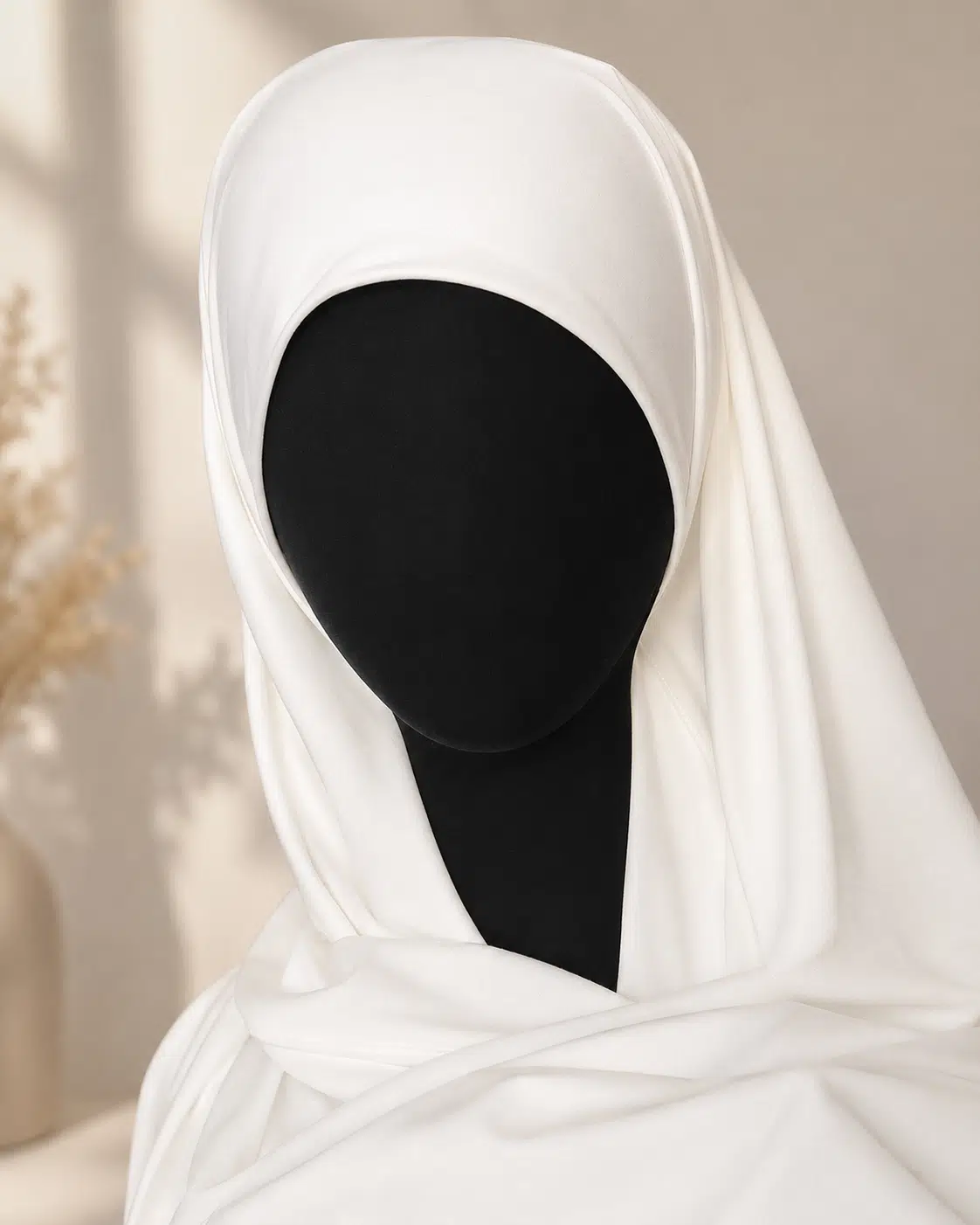 Foulard à enfiler en lycra blanc, drapé fluide, présenté sur mannequin