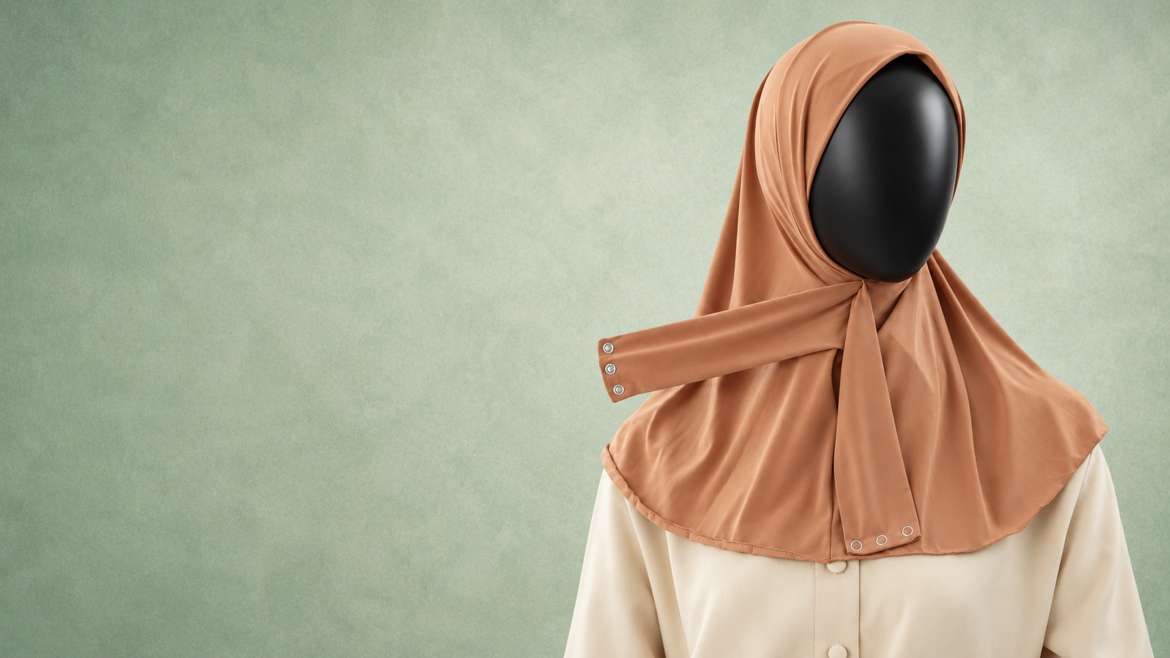 Voile à enfiler beige noué, présenté sur mannequin devant un fond vert amande