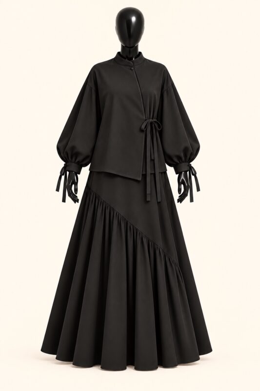 Ensemble Noir Intense, vue de face : haut ample à col montant et jupe longue froncée, sur mannequin sans visage